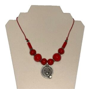 Necklace - Red Beads with Silver Pendent